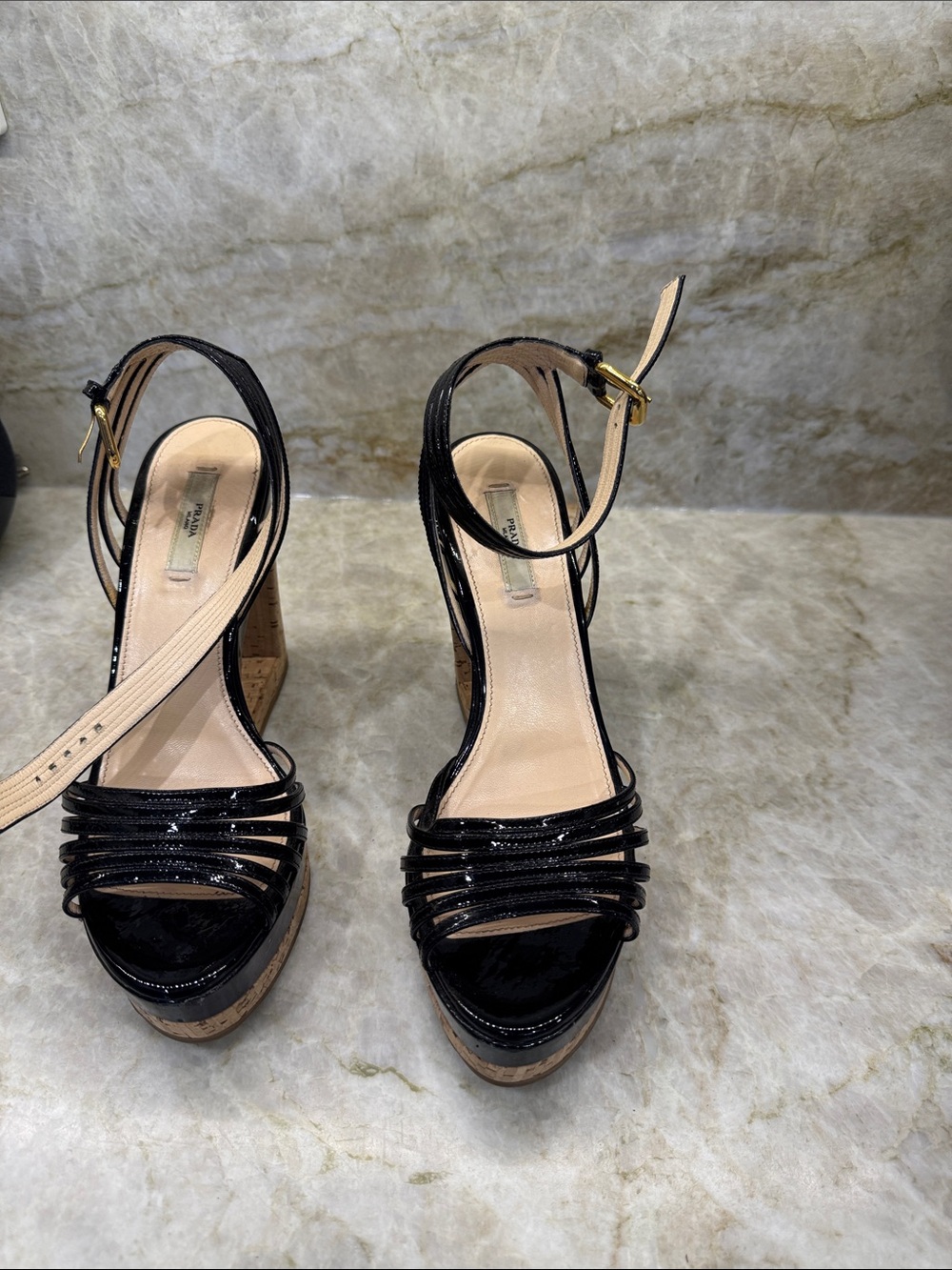 Prada Black Patent Leather Strappy Platform Sandals with Cork Heel. Never worn